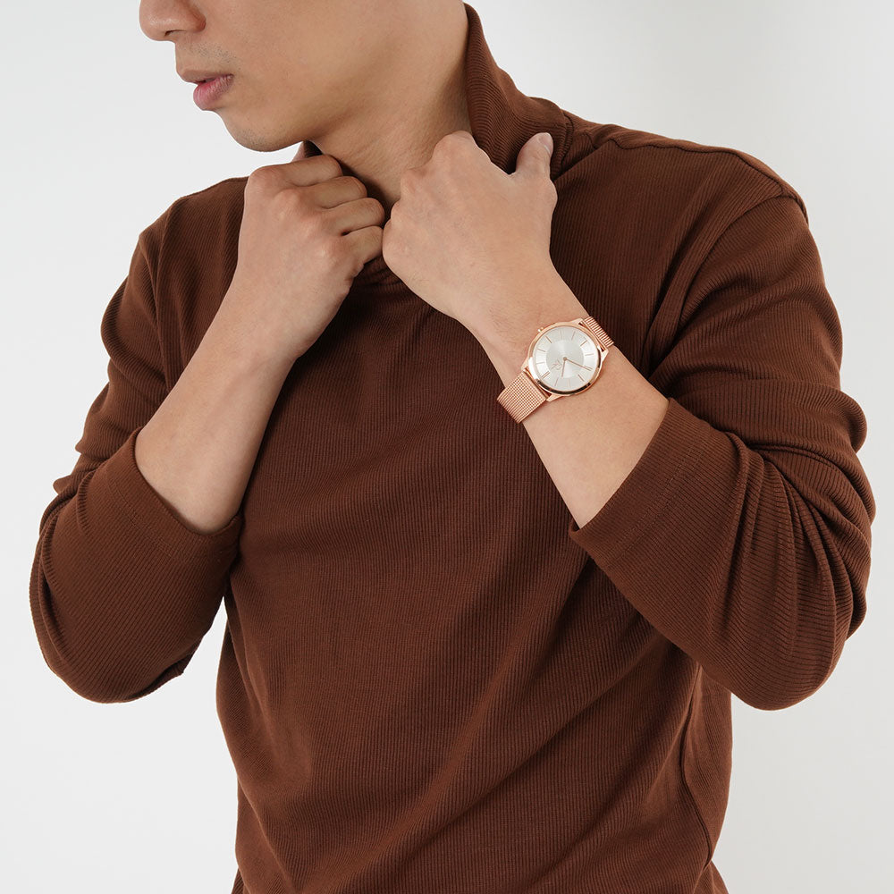 Calvin Klein Minimal White Dial Rose Gold Mesh Bracelet Watch for Men - K3M21626