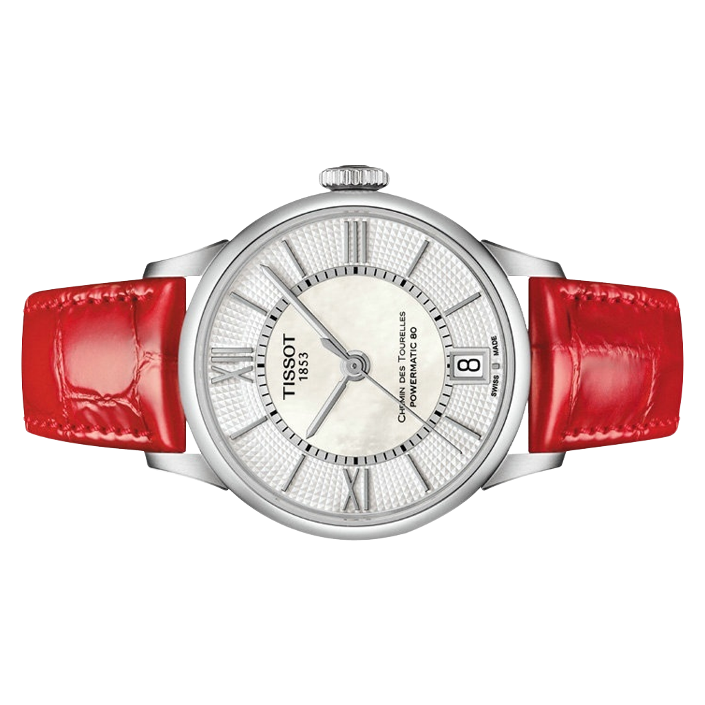 Tissot Chemin Des Tourelles Powermatic 80 Mother of Pearl White Dial Red Leather Strap Watch For Women - T099.207.16.118.00