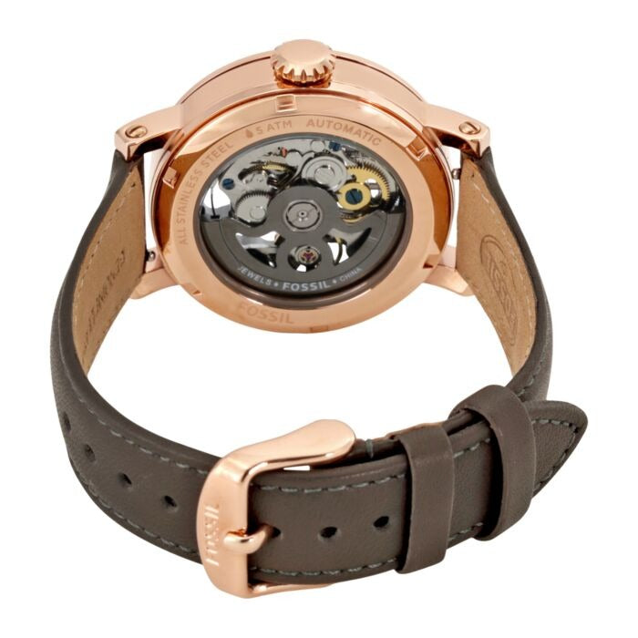 Fossil Boyfriend Automatic Skeleton Grey Dial Grey Leather Strap Watch for Women - ME3089