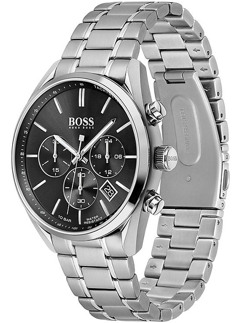 Hugo Boss Champion Chronograph Black Dial Silver Steel Strap Watch for Men - 1513871