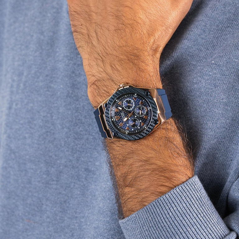 Guess Legacy Chronograph Blue Dial Blue Rubber Strap Watch For Men - W1049G9