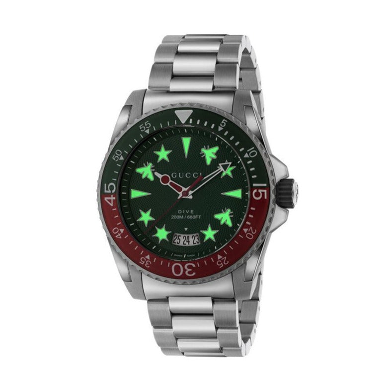 Gucci Dive Quartz Green Dial Silver Steel Strap Watch For Men - YA136222