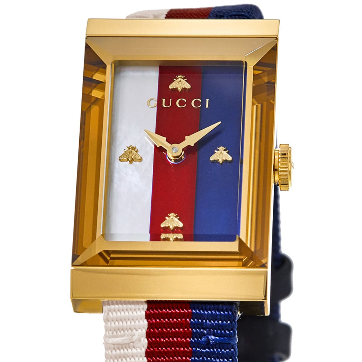 Gucci G-Frame Mother of Pearl Dial White Blue Red Nylon Strap Watch For Women - YA147405