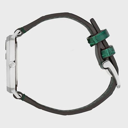 Gucci Grip Quartz Silver Dial Green Leather Strap Watch For Women - YA157404