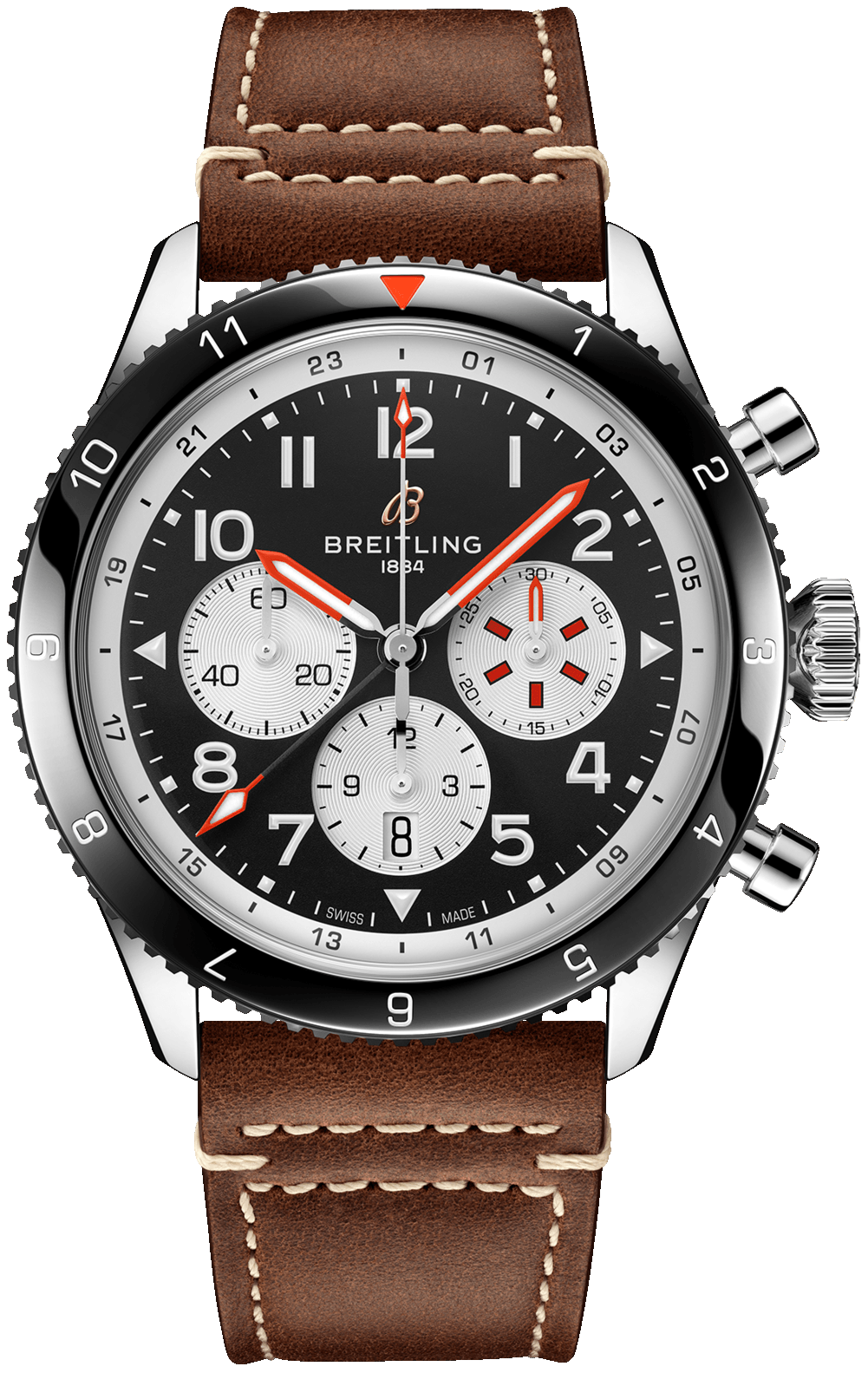 Breitling Super Avi B04 Chronograph GMT 46 Mosquito Black Dial Brown Leather Strap Watch for Men - YB04451A1B1X1