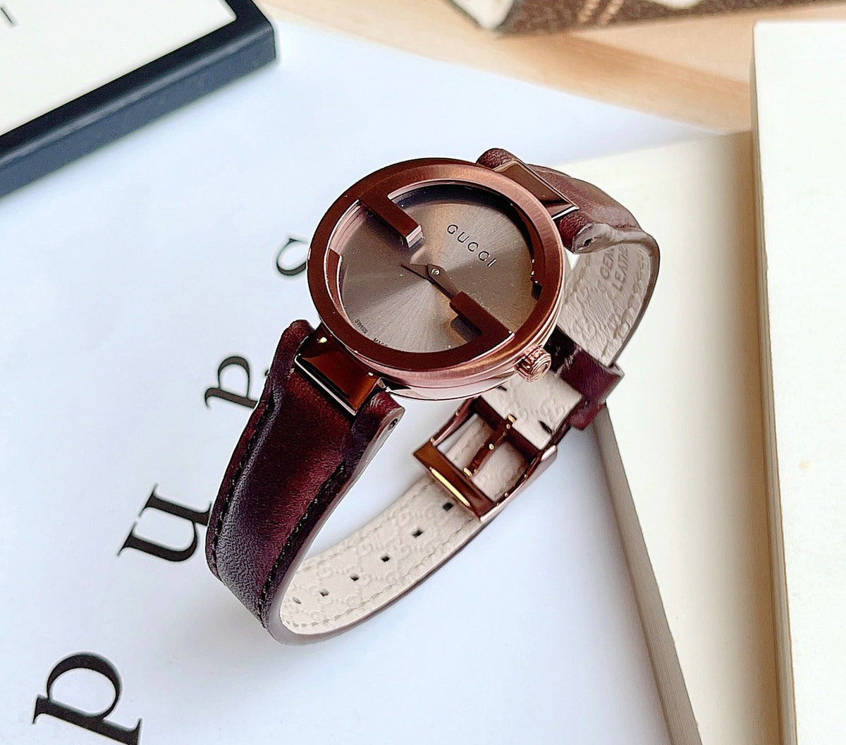  Shop Authentic Gucci Interlocking Iconic Brown Dial Brown Leather Strap Watch For Women - YA133207 - Luxxuri