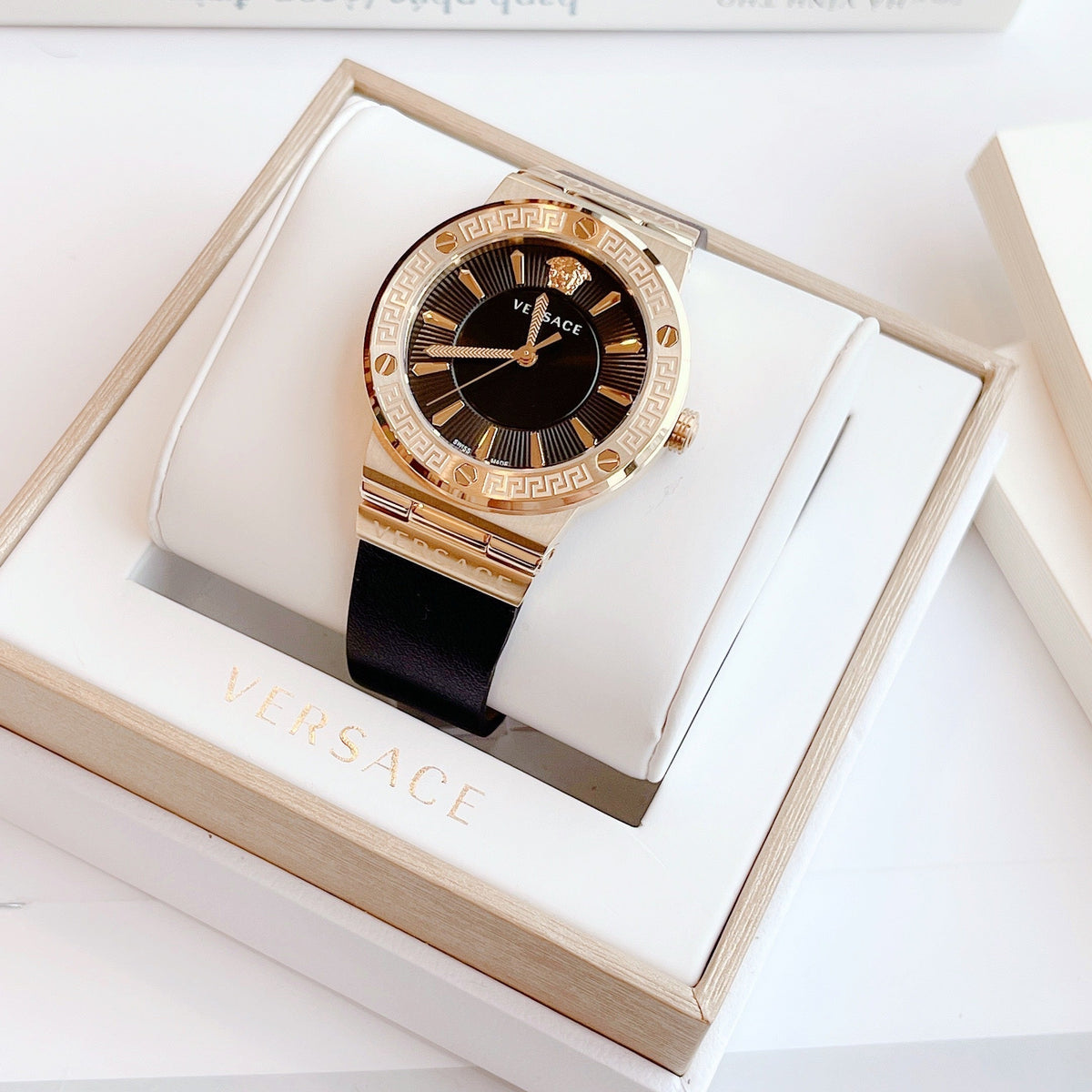 Versace Greca Black Dial Black Leather Strap Watch for Women - VEVH00320