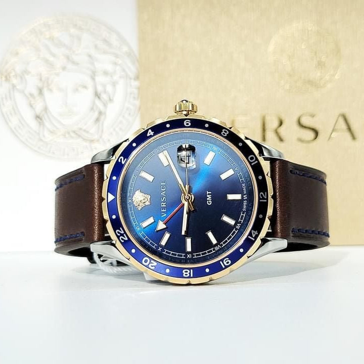 Versace Hellenyium GMT Blue Dial Brown Leather Strap Watch for Men - V11080017