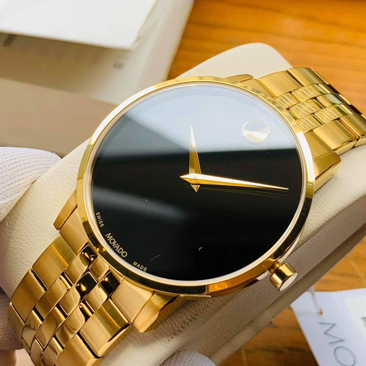 Movado Museum Classic Quartz Black Dial Gold Steel Strap Watch for Men - 0607203