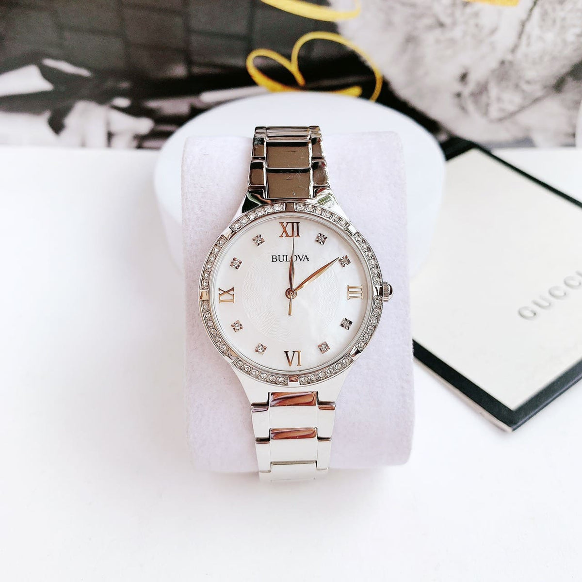 Bulova Crystal Collection Mother of Pearl Dial Silver Steel Strap Watch for Women - 96L263