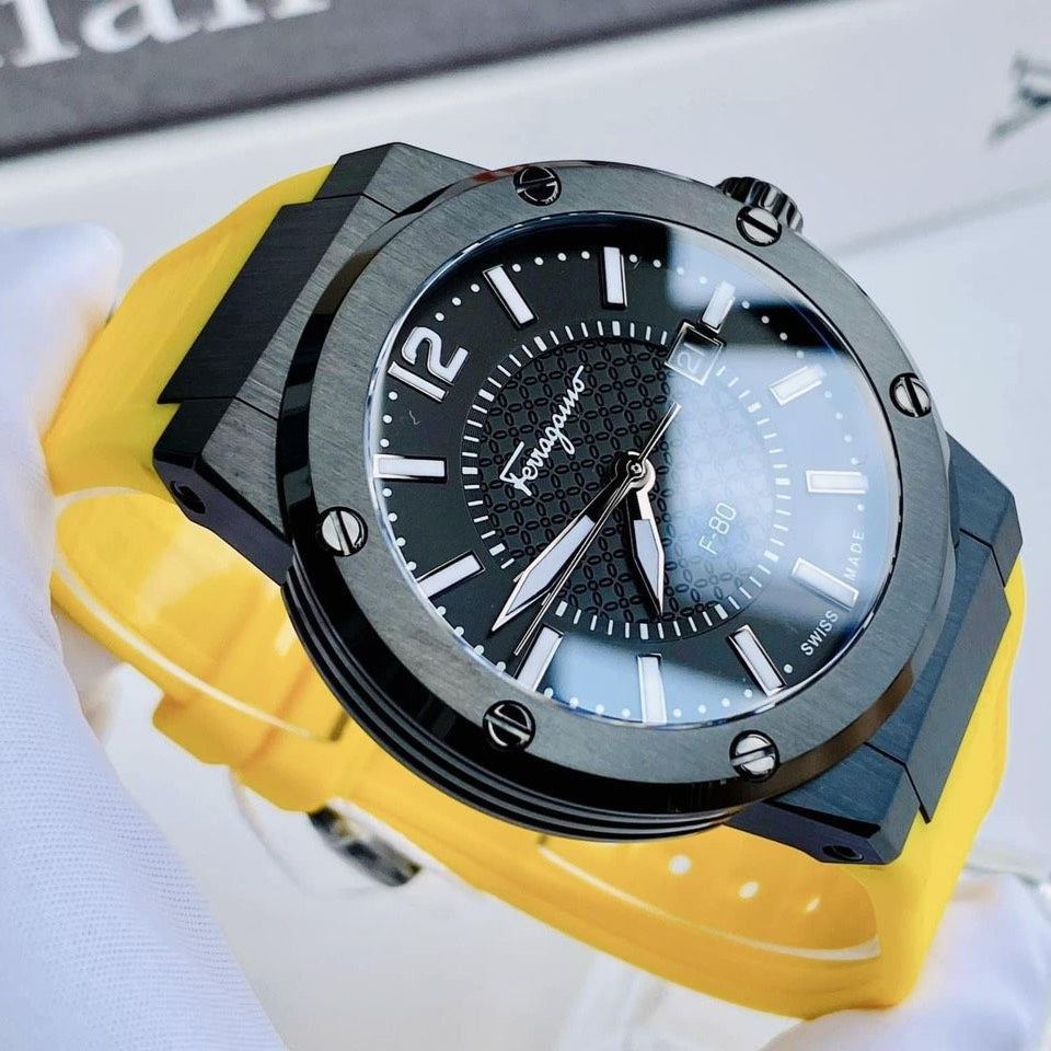 Salvatore Ferragamo F-80 Classic Black Dial Yellow Rubber Strap Watch for Men - SFHY01522