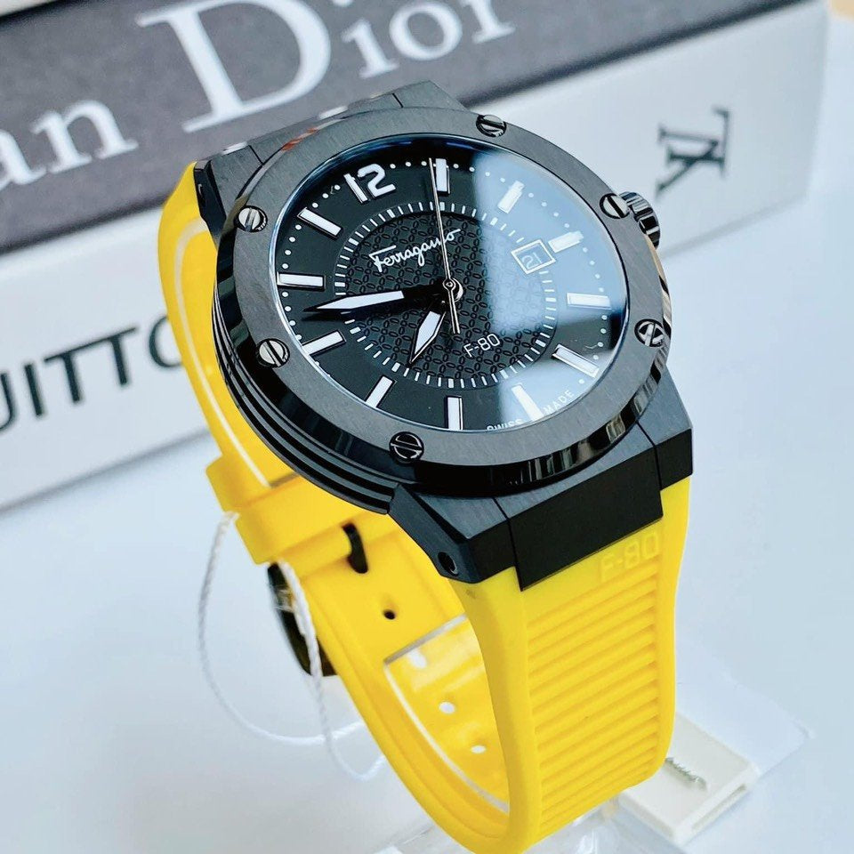 Salvatore Ferragamo F-80 Classic Black Dial Yellow Rubber Strap Watch for Men - SFHY01522