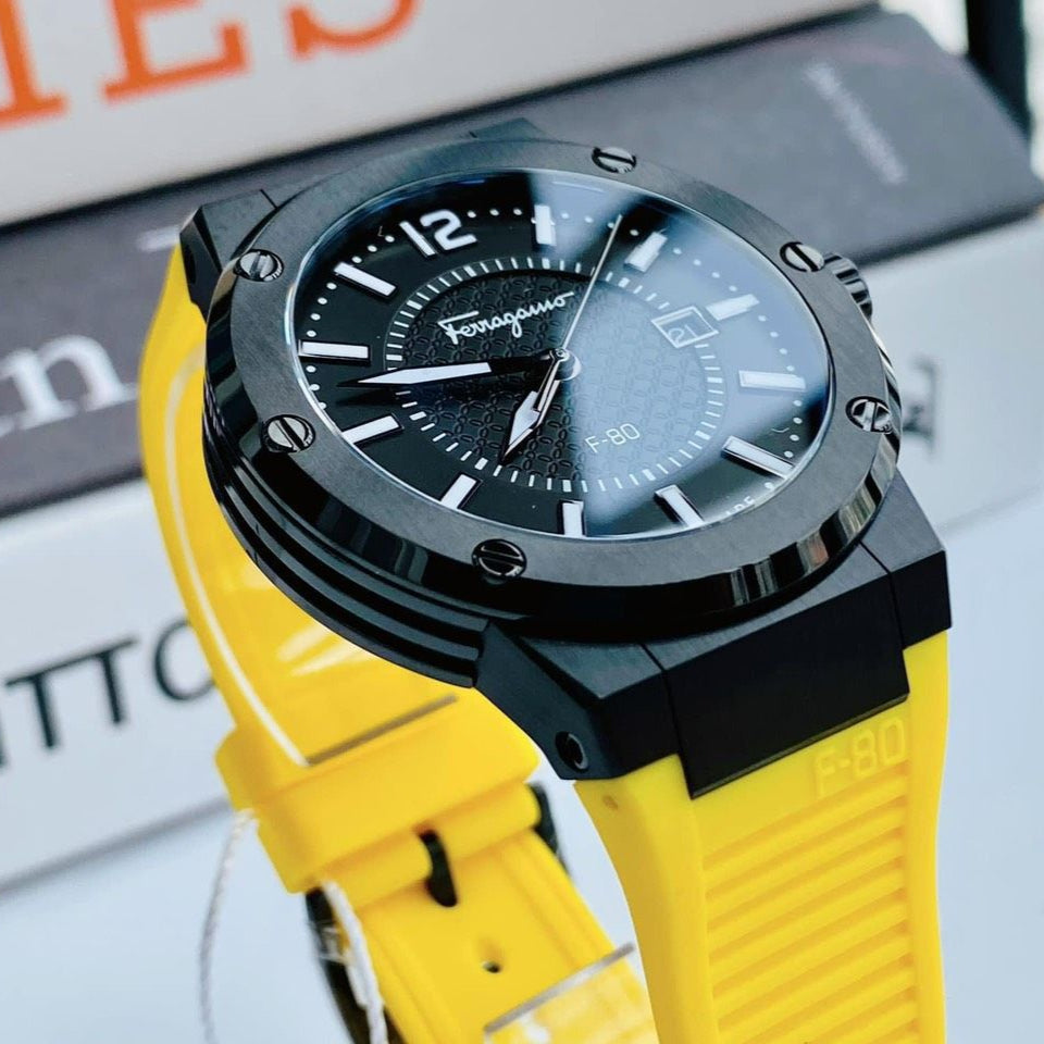 Salvatore Ferragamo F-80 Classic Black Dial Yellow Rubber Strap Watch for Men - SFHY01522