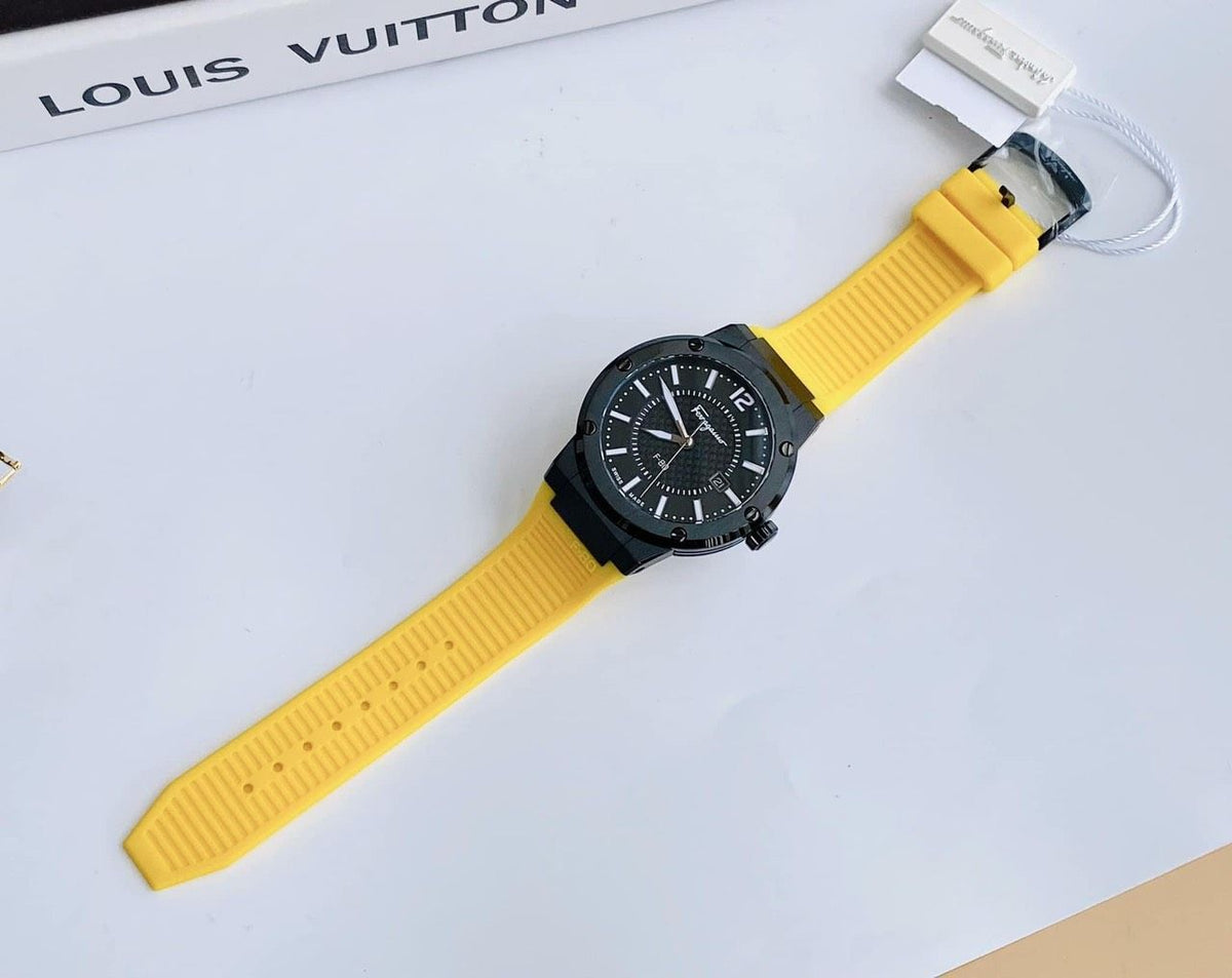 Salvatore Ferragamo F-80 Classic Black Dial Yellow Rubber Strap Watch for Men - SFHY01522