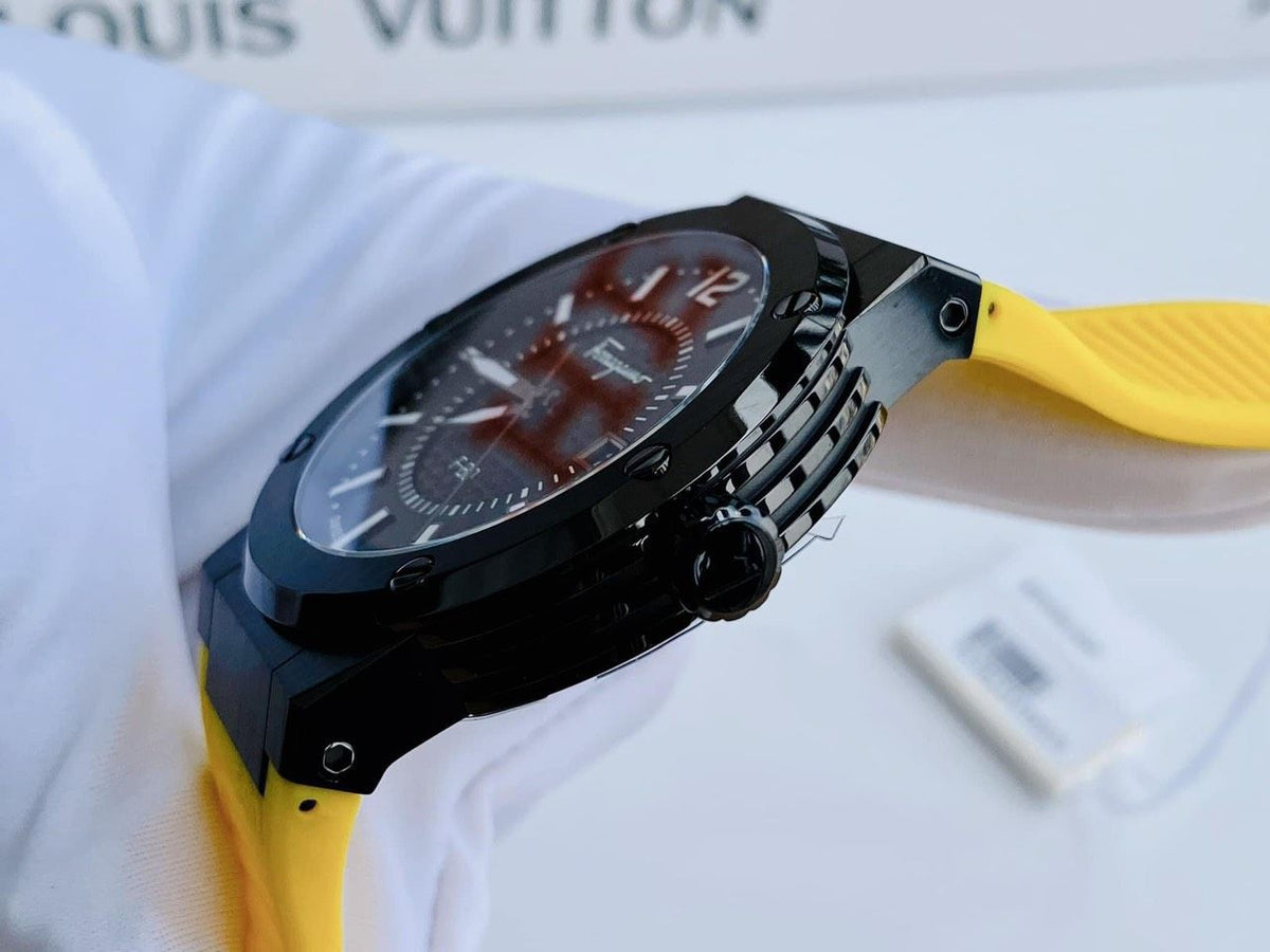 Salvatore Ferragamo F-80 Classic Black Dial Yellow Rubber Strap Watch for Men - SFHY01522