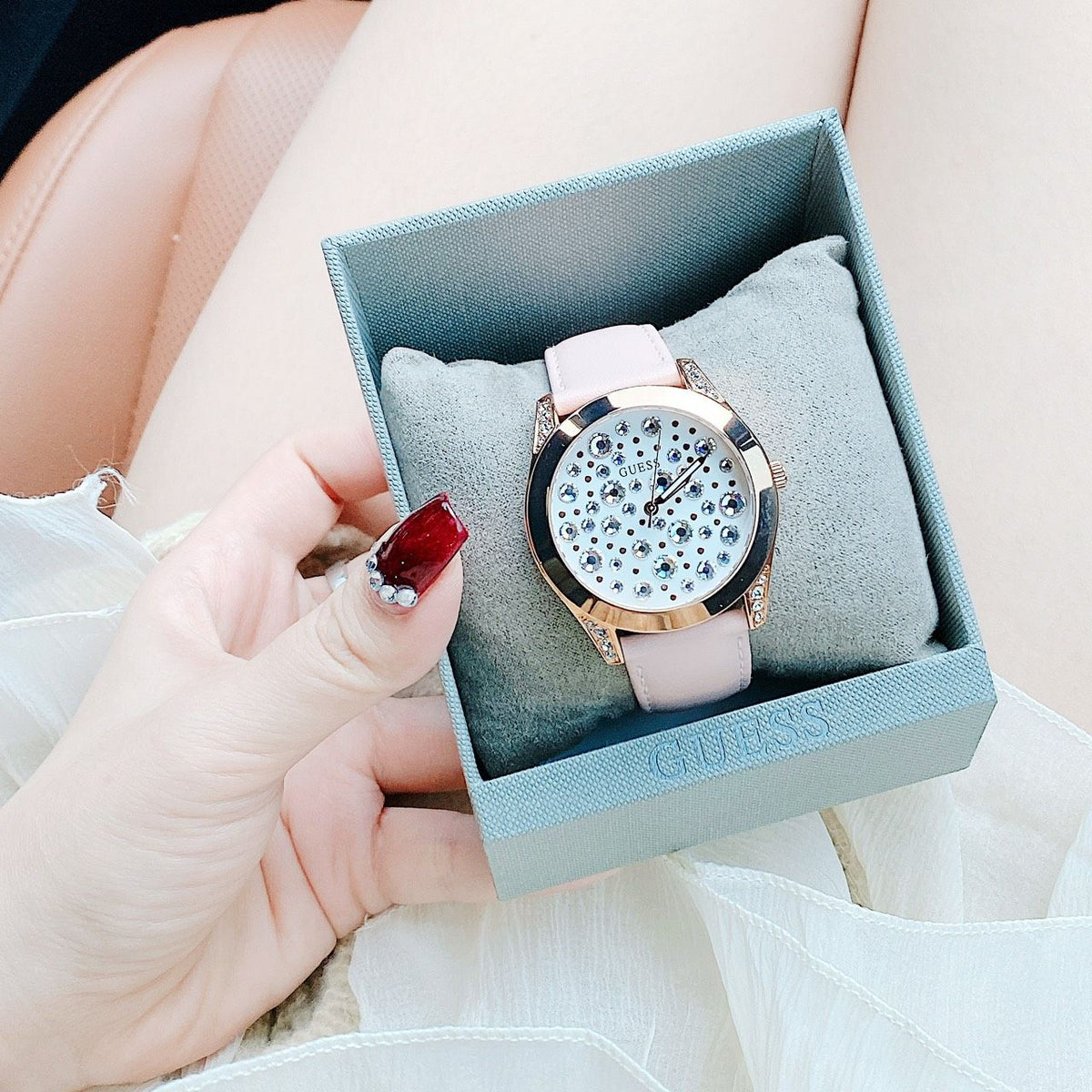 Guess Wonderlust Beige Dial Pink Leather Strap Watch for Women - W1065L1