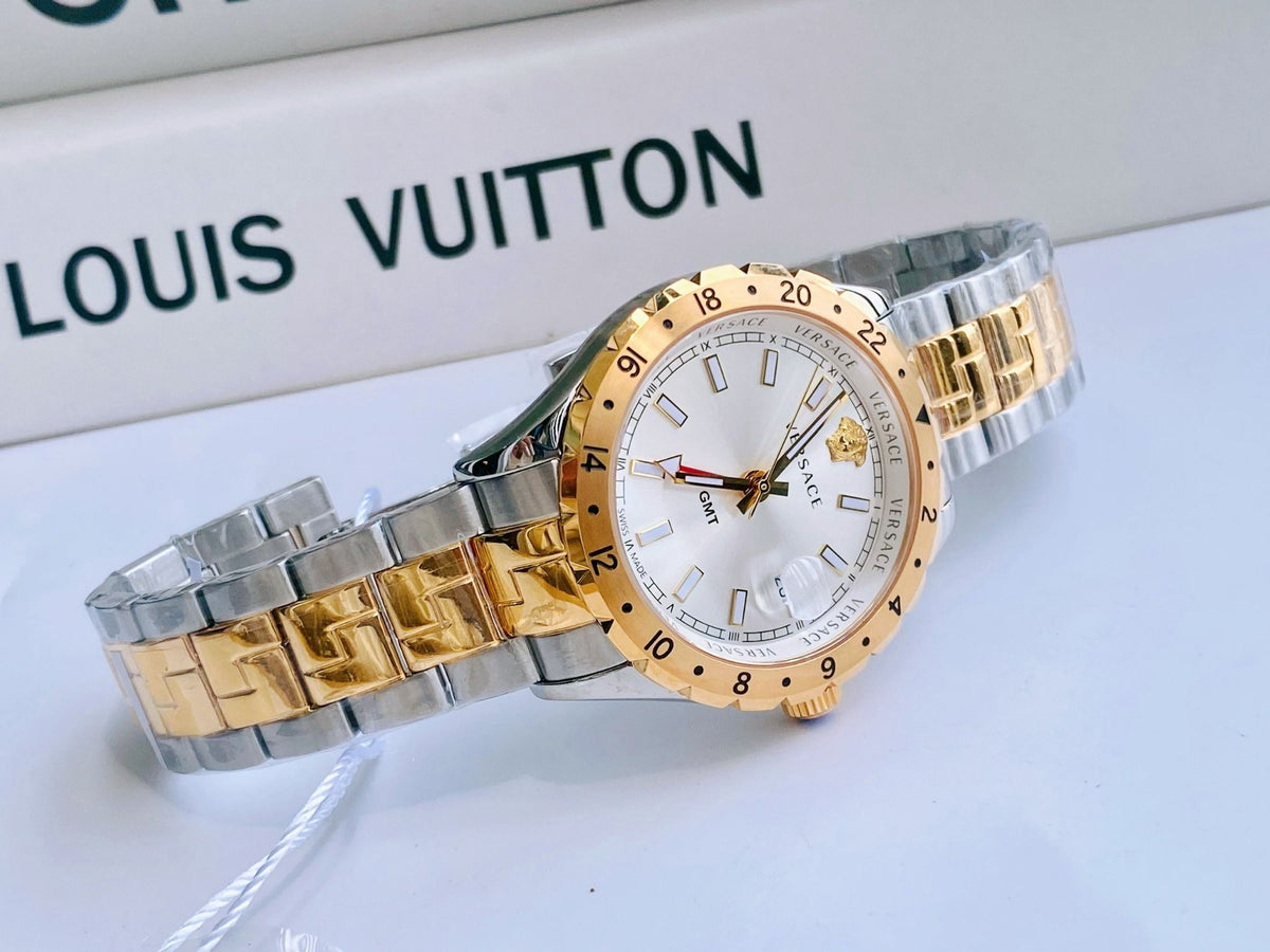 Versace Hellenyium GMT Silver Dial Two Tone Steel Strap Watch for Men - V11030015