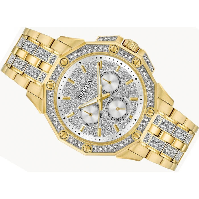 Bulova Crystal Collection Octova White Dial Gold Steel Strap Watch for Men - 98C126