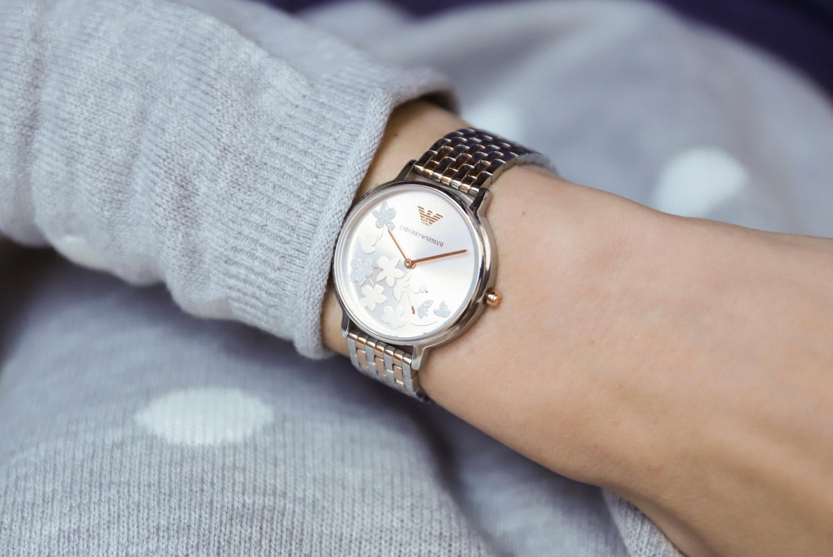 Emporio Armani Silver Sunray Dial Two Tone Steel Strap Watch For Women - AR11113