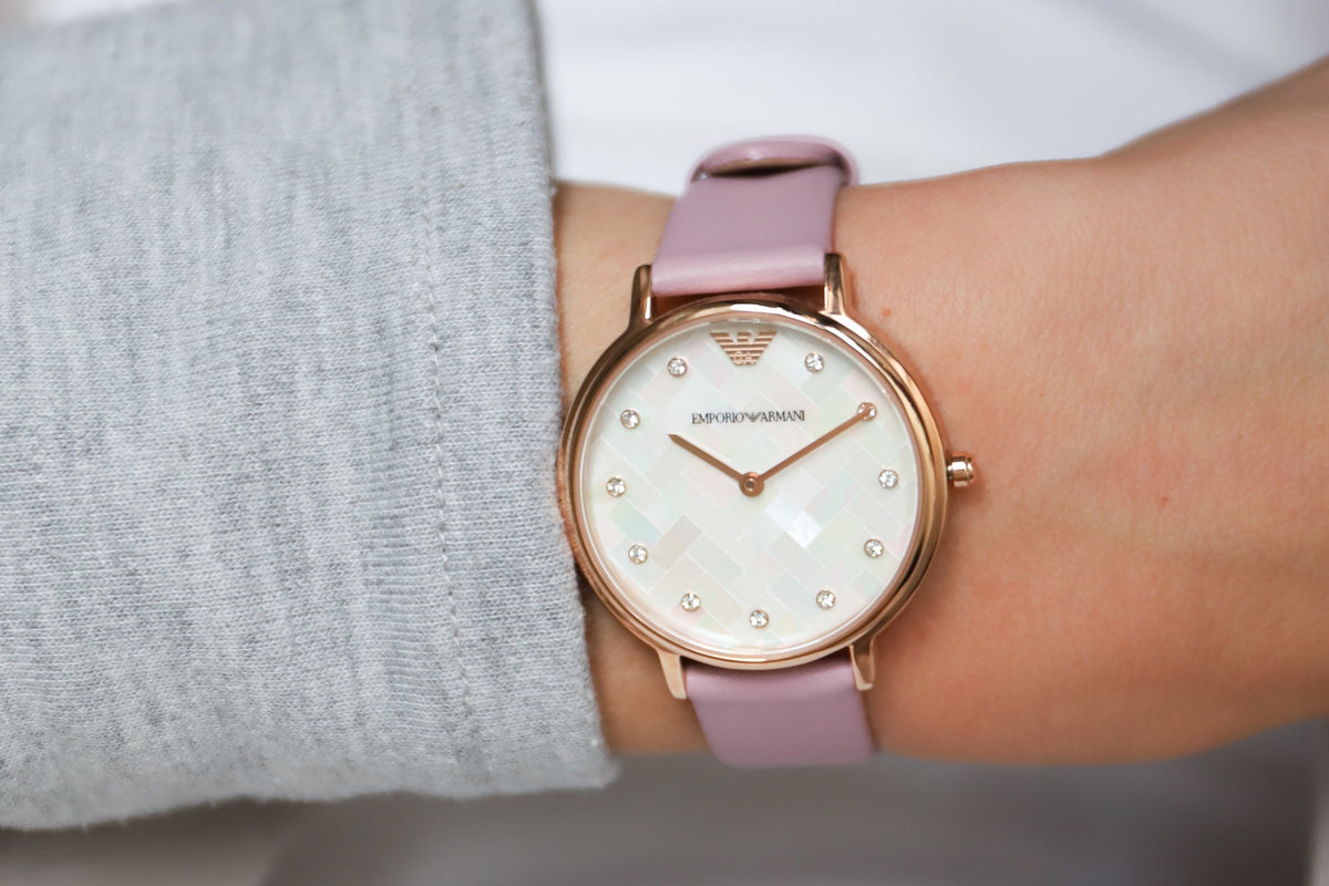 Emporio Armani Kappa Mother Of Pearl White Dial Pink Leather Strap Watch For Women - AR11130