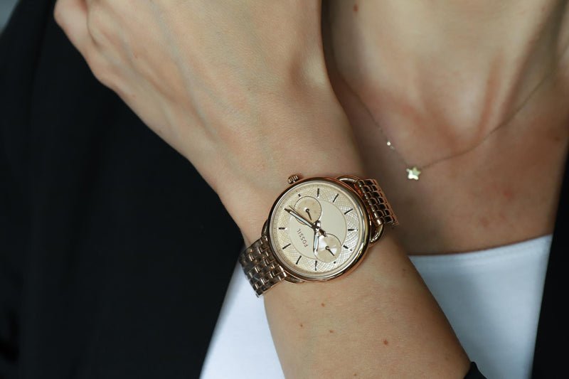 Fossil Tailor Rose Gold Dial Rose Gold Stainless Steel Strap Watch for Women - ES3713