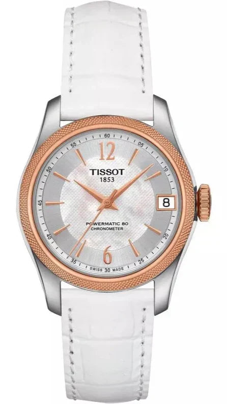 Tissot T-Classic Powermatic 80 Mother of Pearl Silver Dial White Leather Strap Watch For Women - T108.208.26.117.00