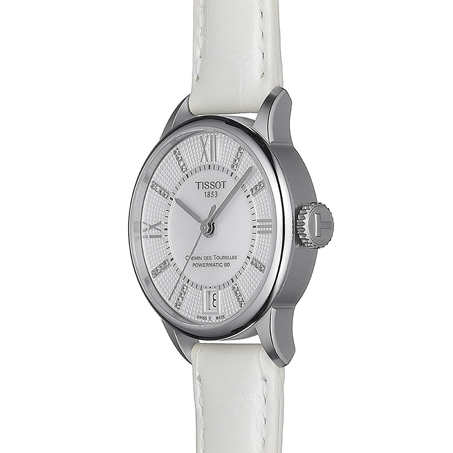 Tissot Chemin Des Tourelles Powermatic 80 Lady White Dial White Leather Strap Watch For Women - T099.207.16.116.00