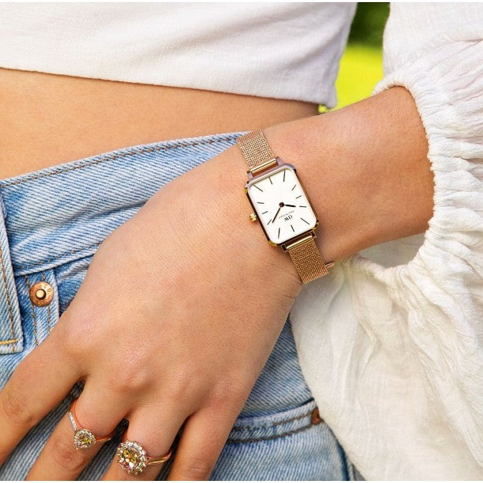 Daniel Wellington Quadro Melrose White Dial Gold Mesh Strap Watch For Women - DW00100431