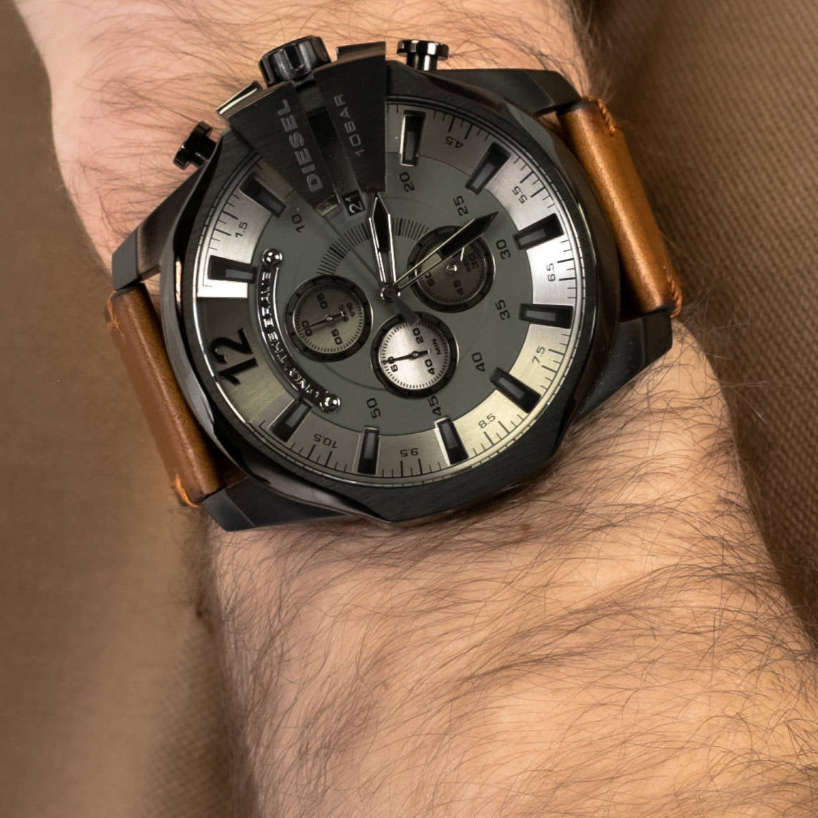 Diesel Mega Chief Grey Dial Brown Leather Strap Watch For Men - DZ4463