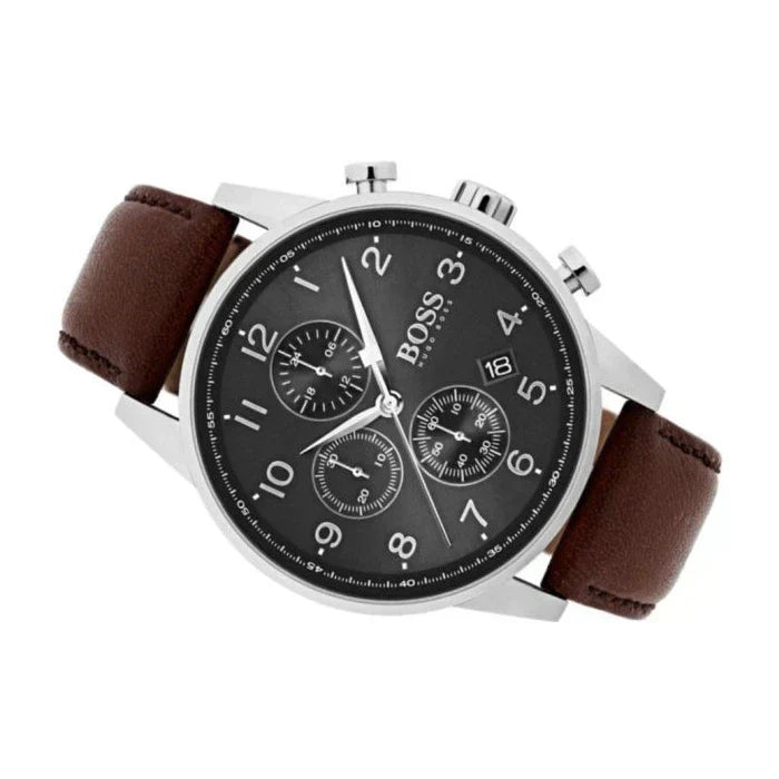 Hugo Boss Navigator Chronograph Grey Dial Brown Leather Strap Watch for Men - 1513494