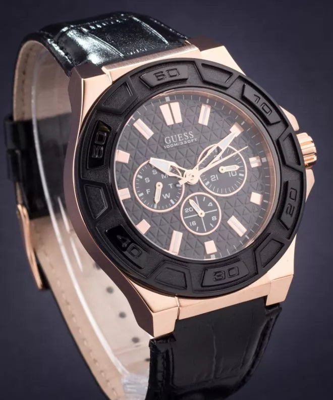 Guess Force Analog Black Dial Black Leather Strap Watch For Men - W0674G6