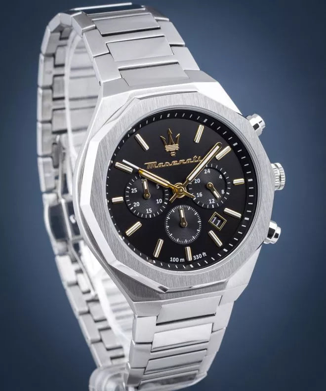 Maserati Stile Chronograph Black Dial Silver Steel Strap Watch For Men - R8873642010