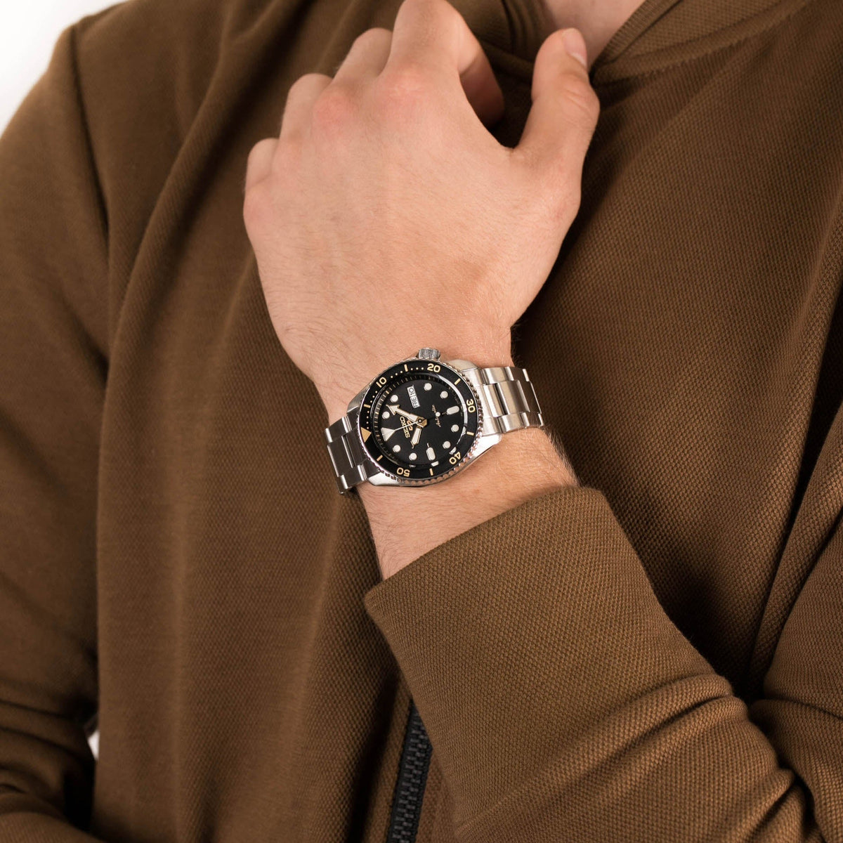 Seiko 5 Sports Automatic Black Dial Silver Steel Strap Watch For Men - SRPD57K1
