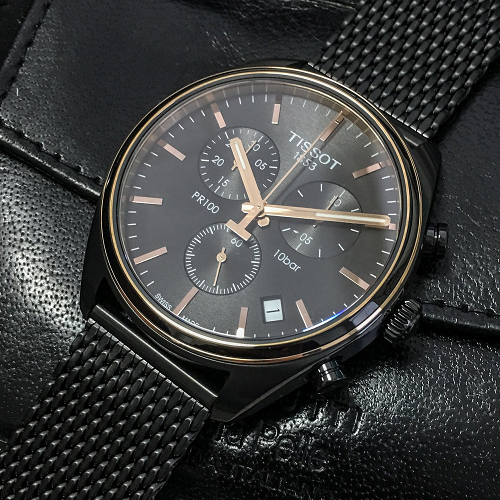Tissot T Classic PR 100 Chronograph Anthracite Black Dial Black Mesh Bracelet Watch For Men - T101.417.23.061.00