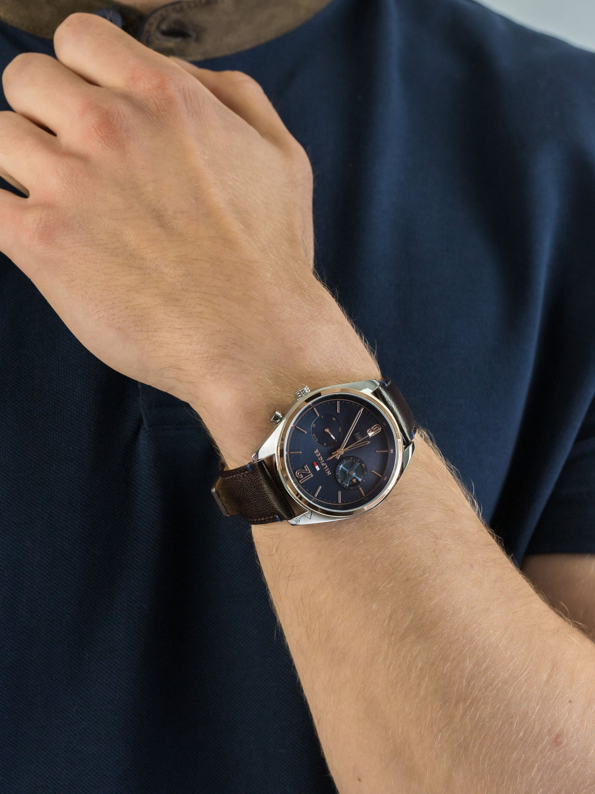 Tommy Hilfiger Deacan Blue Dial Brown Leather Strap Watch for Men - 1791549