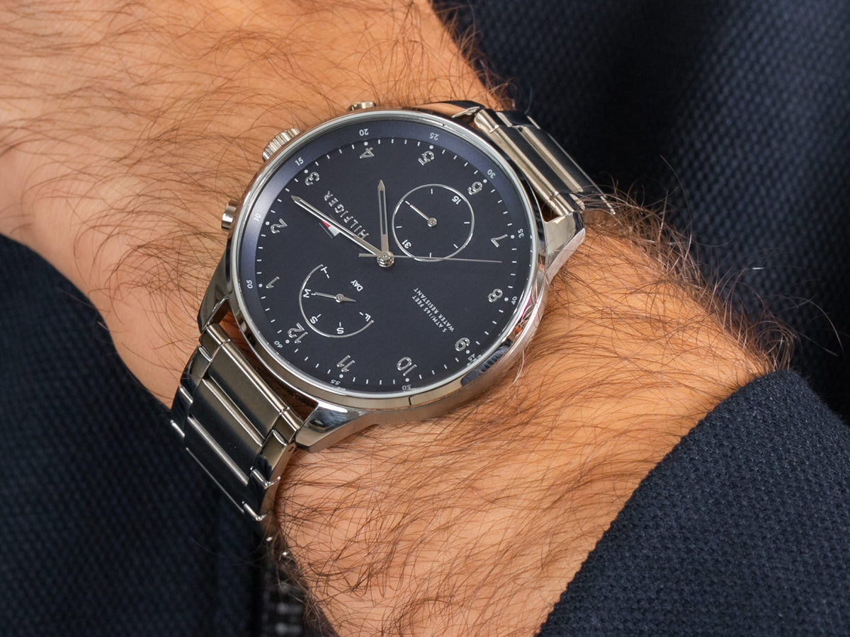 Tommy Hilfiger Chase Multifunction Blue Dial Silver Steel Strap Watch for Men - 1791575