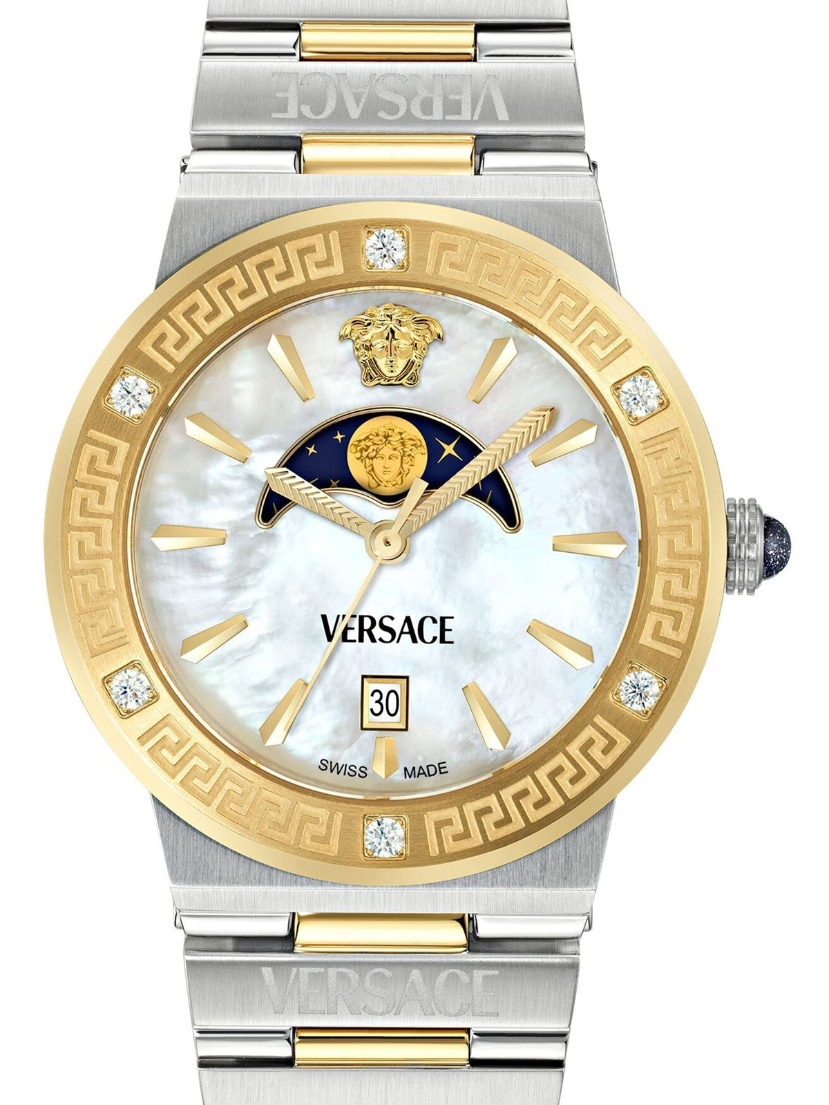 Versace Greca Logo Moonphase Mother of Pearl Dial Two Tone Steel Strap Watch for Women - VE7G00524
