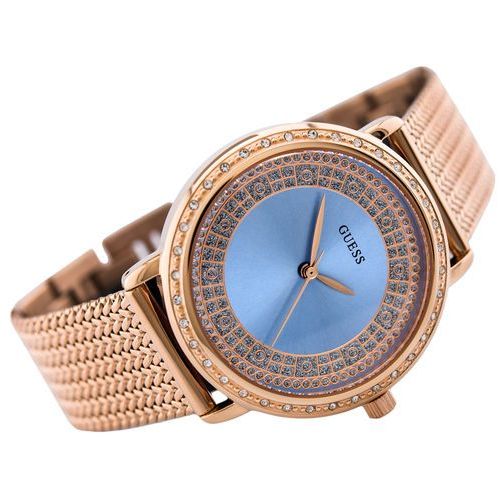 Guess Willow Crystal Blue Dial Rose Gold Mesh Bracelet Watch For Women - W0836L1