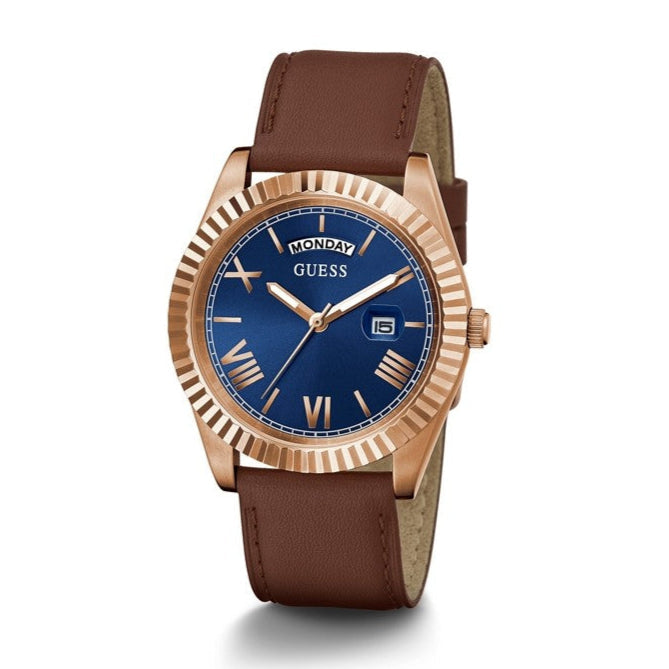 Guess Connoisseur Blue Dial Brown Leather Strap Watch For Men - GW0353G2